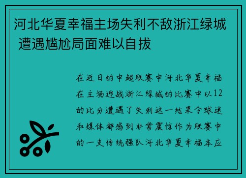 河北华夏幸福主场失利不敌浙江绿城 遭遇尴尬局面难以自拔