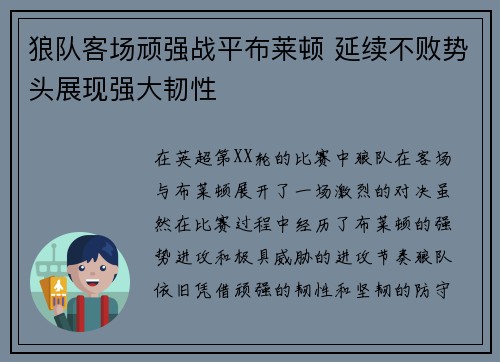 狼队客场顽强战平布莱顿 延续不败势头展现强大韧性