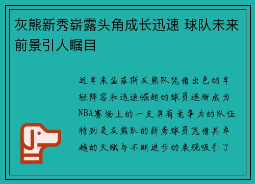 灰熊新秀崭露头角成长迅速 球队未来前景引人瞩目