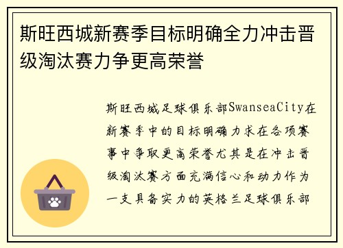 斯旺西城新赛季目标明确全力冲击晋级淘汰赛力争更高荣誉