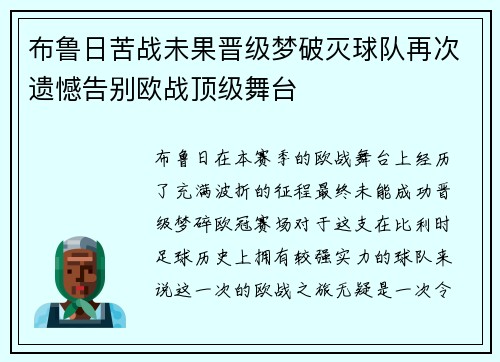 布鲁日苦战未果晋级梦破灭球队再次遗憾告别欧战顶级舞台