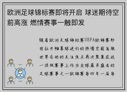 欧洲足球锦标赛即将开启 球迷期待空前高涨 燃情赛事一触即发