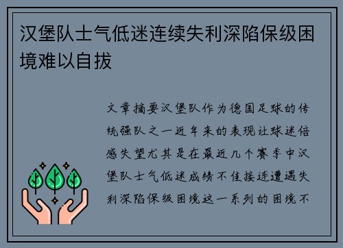 汉堡队士气低迷连续失利深陷保级困境难以自拔