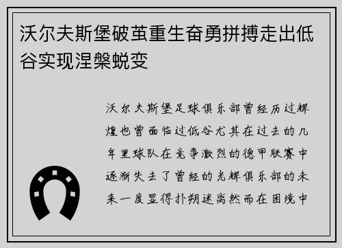 沃尔夫斯堡破茧重生奋勇拼搏走出低谷实现涅槃蜕变