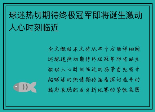 球迷热切期待终极冠军即将诞生激动人心时刻临近