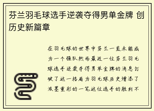 芬兰羽毛球选手逆袭夺得男单金牌 创历史新篇章