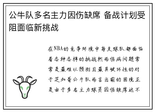 公牛队多名主力因伤缺席 备战计划受阻面临新挑战