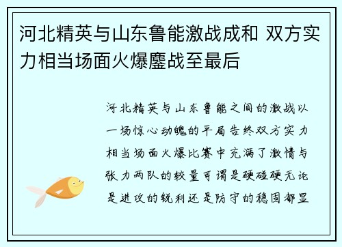 河北精英与山东鲁能激战成和 双方实力相当场面火爆鏖战至最后