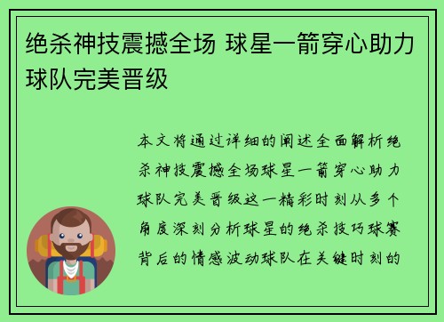 绝杀神技震撼全场 球星一箭穿心助力球队完美晋级