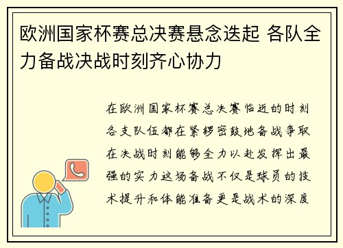 欧洲国家杯赛总决赛悬念迭起 各队全力备战决战时刻齐心协力