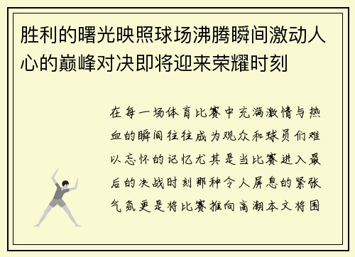 胜利的曙光映照球场沸腾瞬间激动人心的巅峰对决即将迎来荣耀时刻